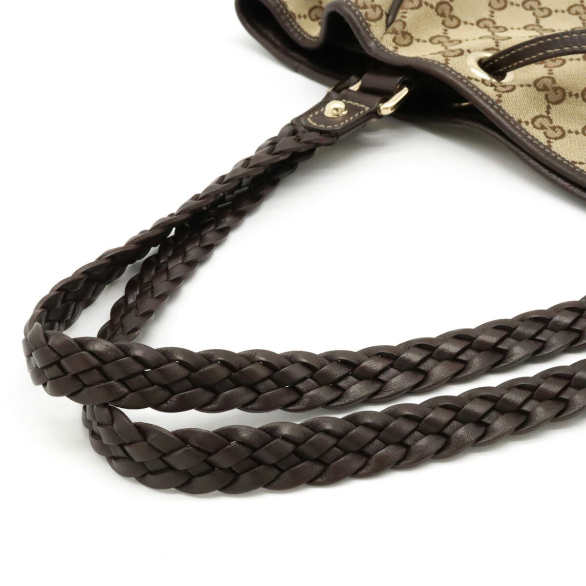 GUCCI GG Canvas Tote Bag Shoulder Tassel Leather Khaki Beige Dark Brown 170206