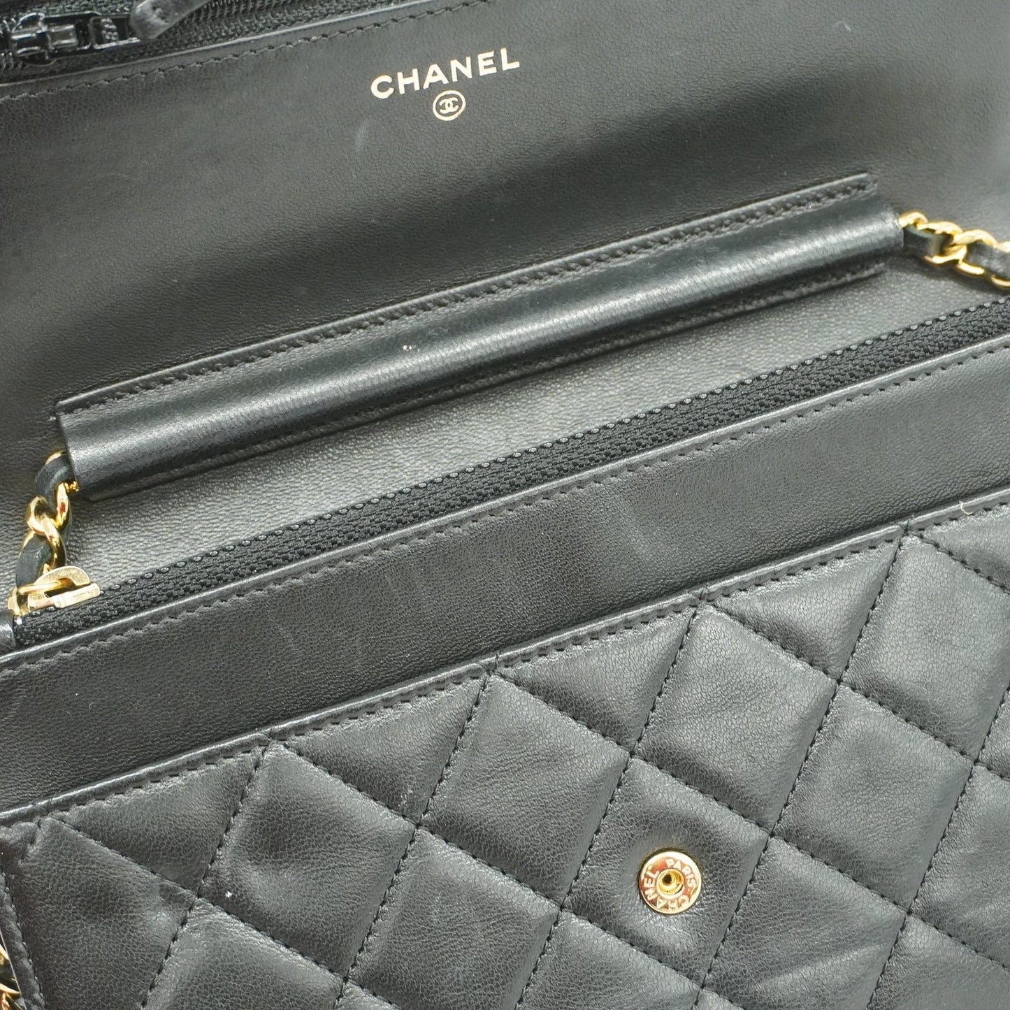 CHANEL Matelasse Chain Shoulder Gold Hardware Lambskin Wallet Black