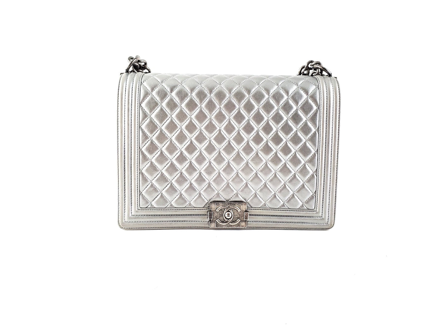 CHANEL Large Metallic Silver Quilted Boy Flap Bag