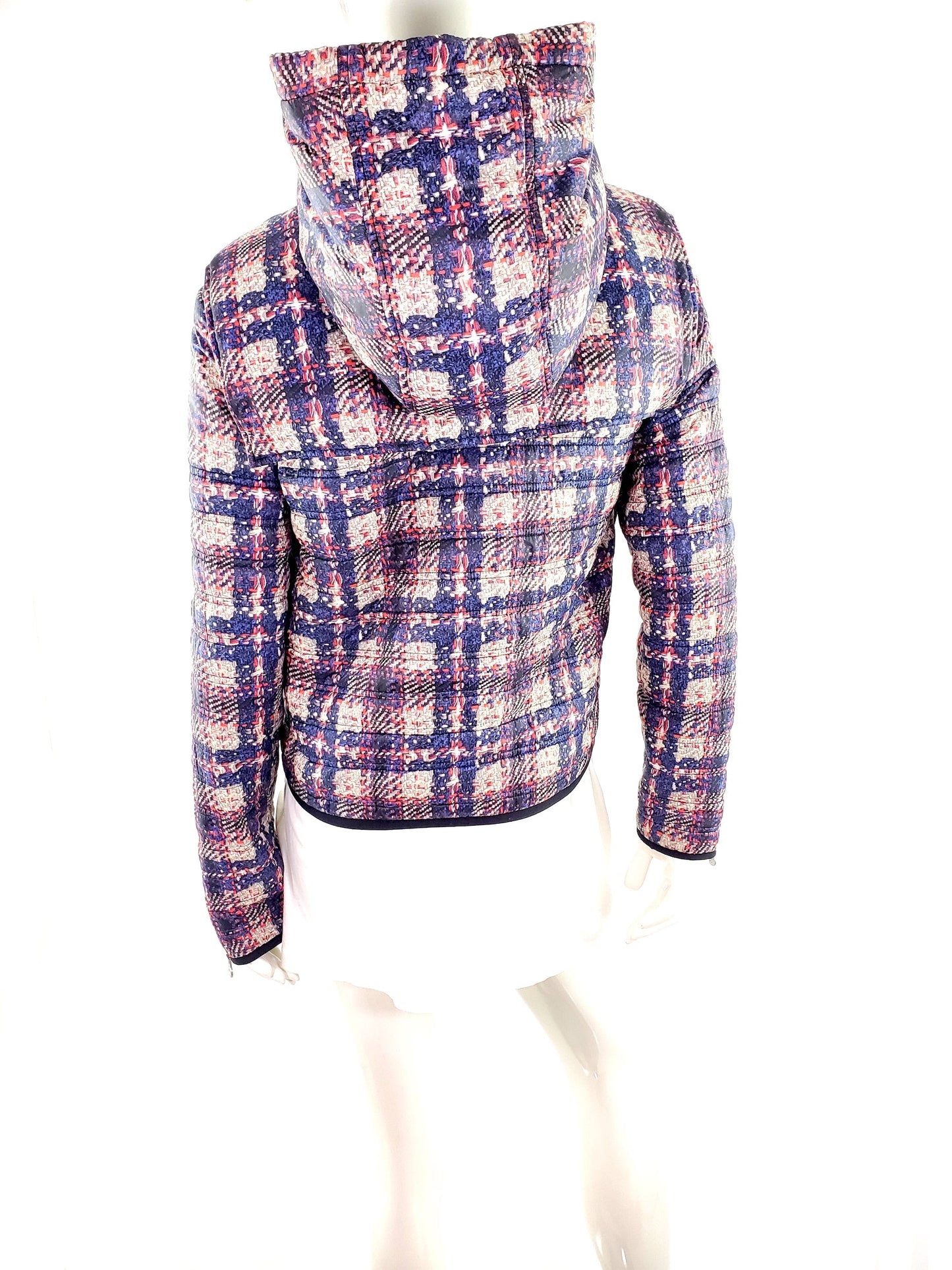 CHANEL 2014 Tweed Print Navy Beige Nylon Hooded Jacket 38