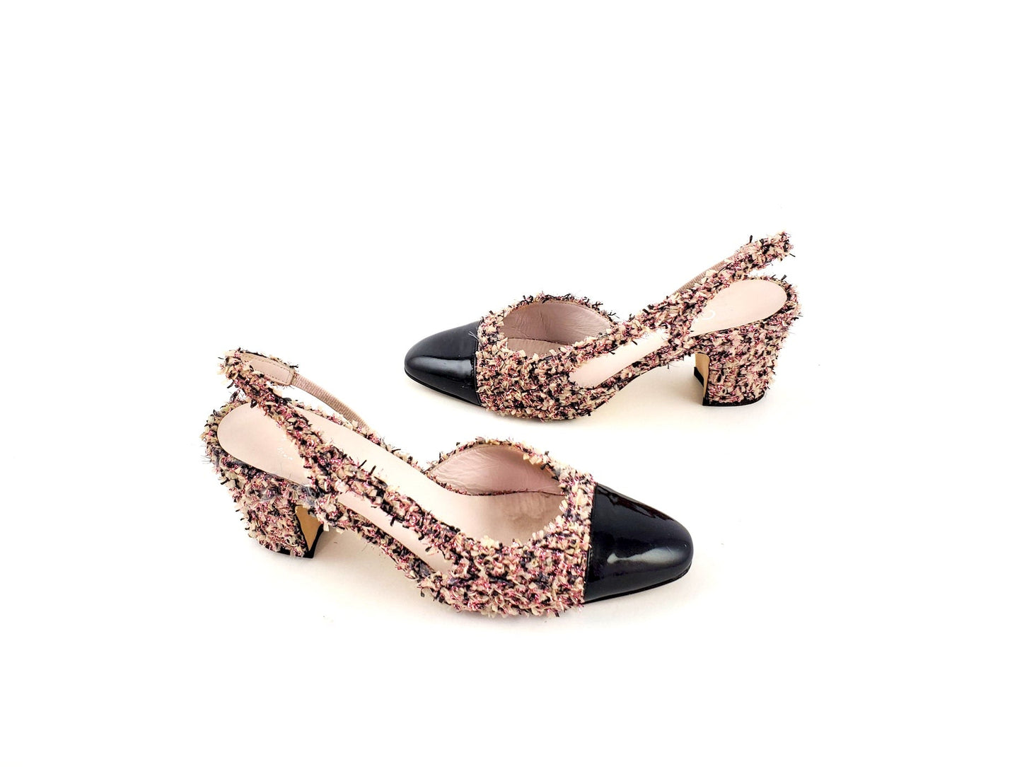 CHANEL 18K Tweed Pink Black Slingback Pumps 36