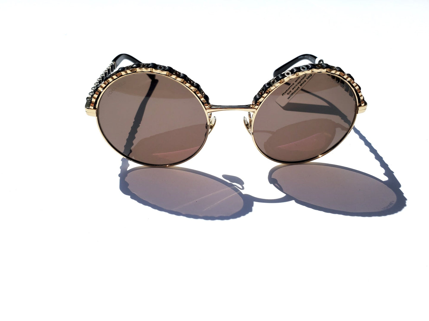 New In Stores Now CHANEL 4265Q Round Gold Black Metal Leather Sunglasses