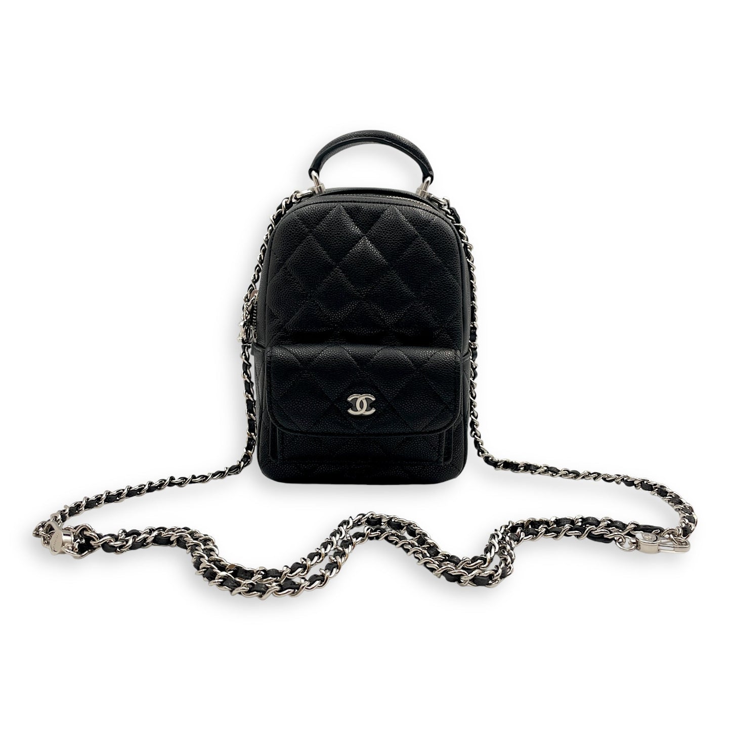 Quilted Mini Black Backpack in Caviar Leather, Silver hardware