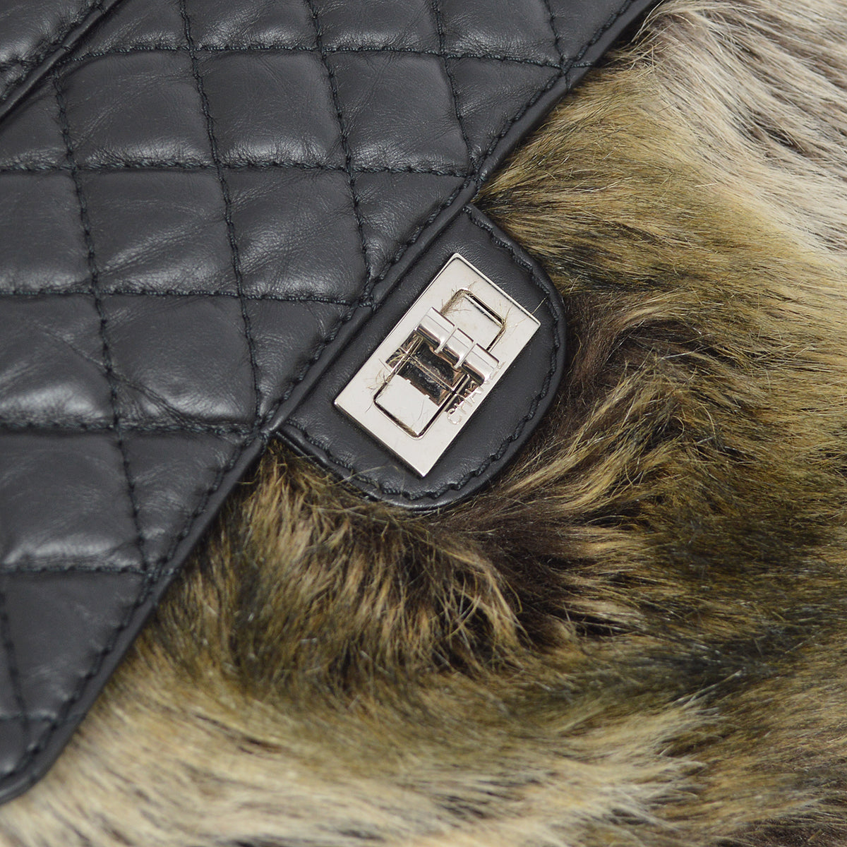 Chanel 2009-2010 Black Calfskin Fur Mademoiselle Lock 2way Tote Handbag