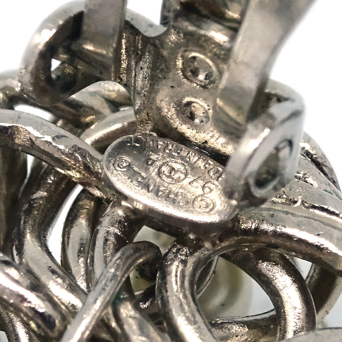 Chanel Button Earrings Clip-On Artificial Pearl Silver 97A