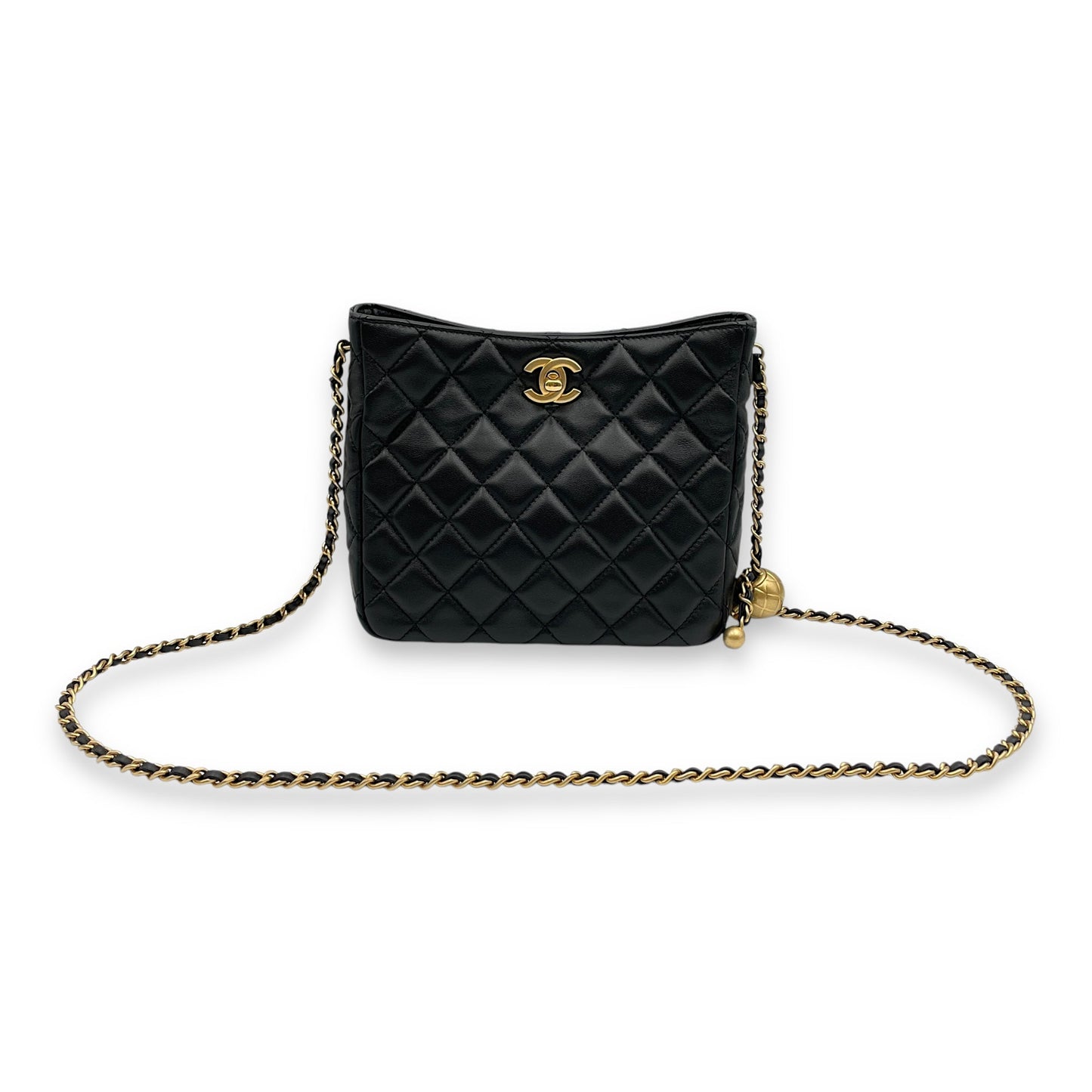 Pearl Crush Seasonal Black Crossbody Bag in Lambskin, Gold hardware