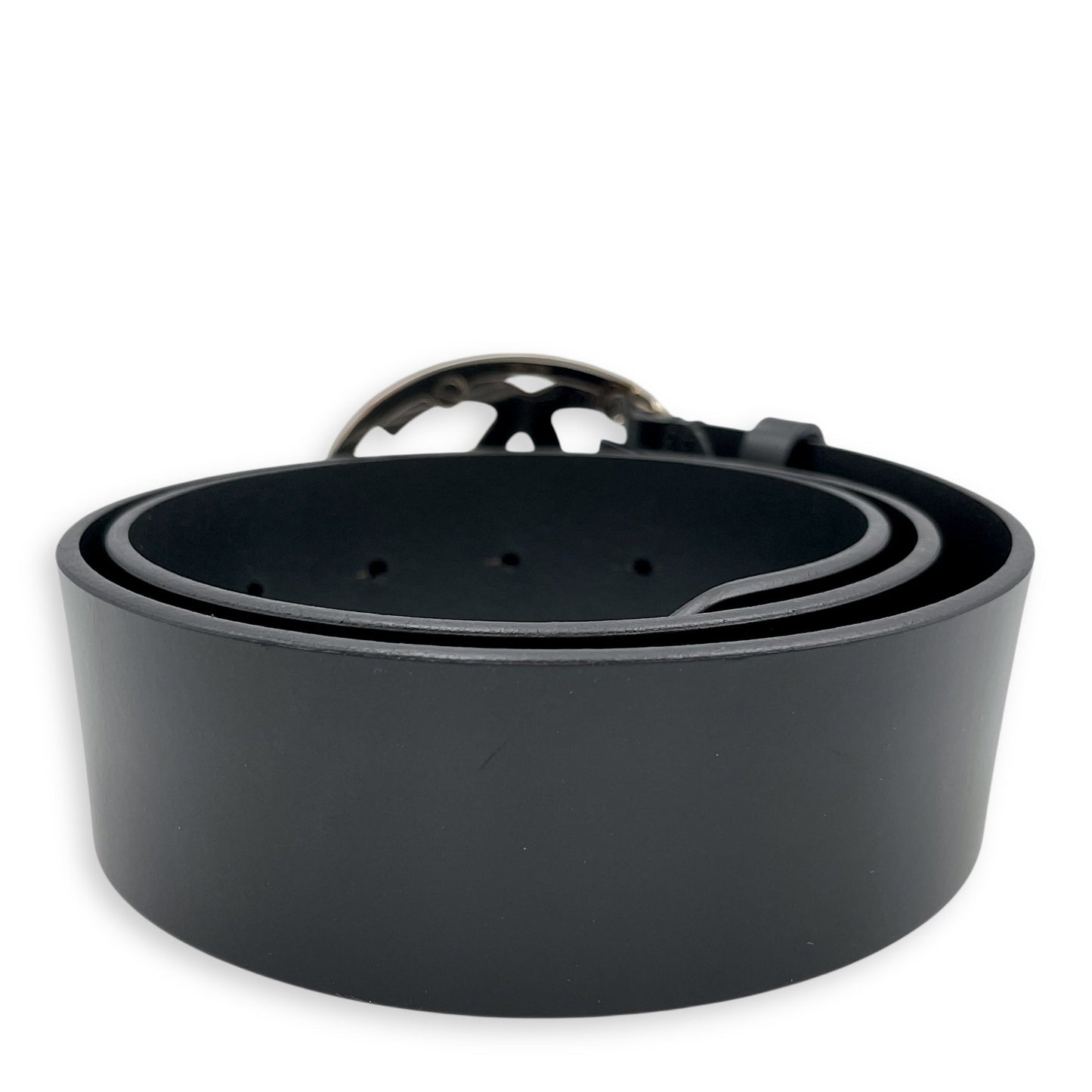 11V CC Oval Buckle 75/30 Black Belt in Calfskin, Silver hardware