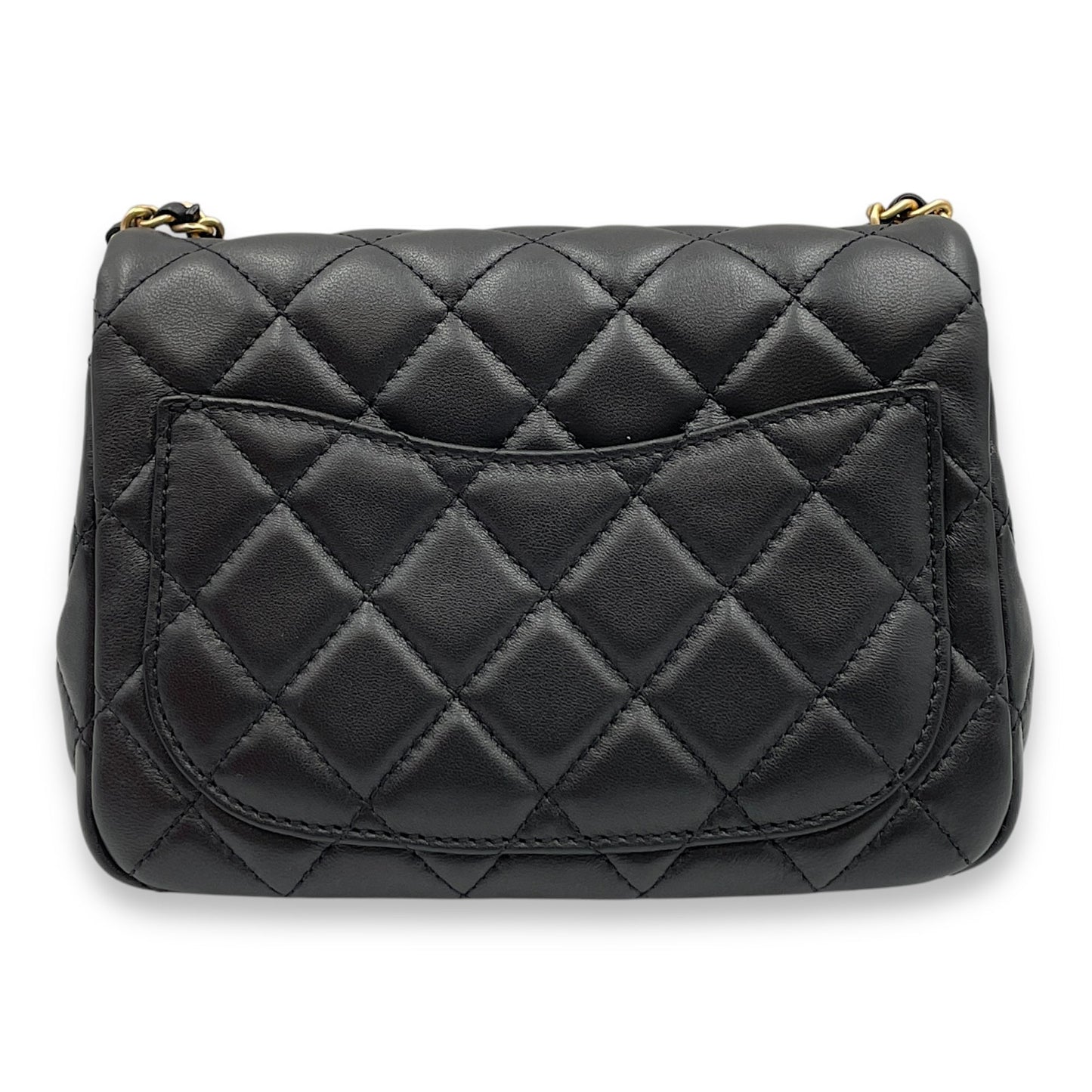 Pearl Crush Square Mini Black Crossbody Bag in Lambskin, Gold hardware
