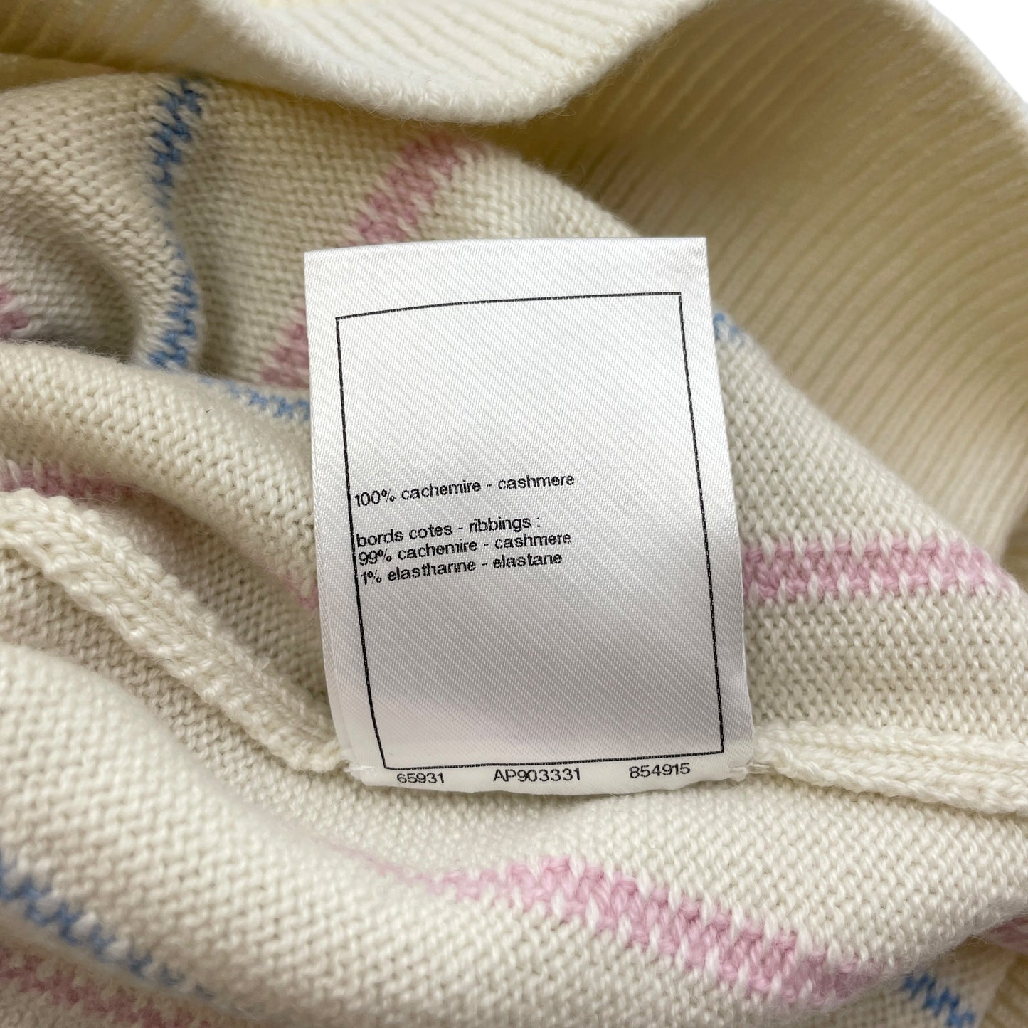23P CC 34 White, Light Blue, Link Pink Striped Knitted Pullover in Cashmere, Elastane