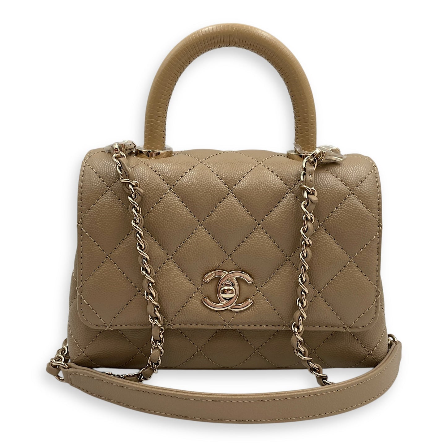 Quilted Coco Small Beige Top Handle Bag in Caviar Leather, Gold hardware