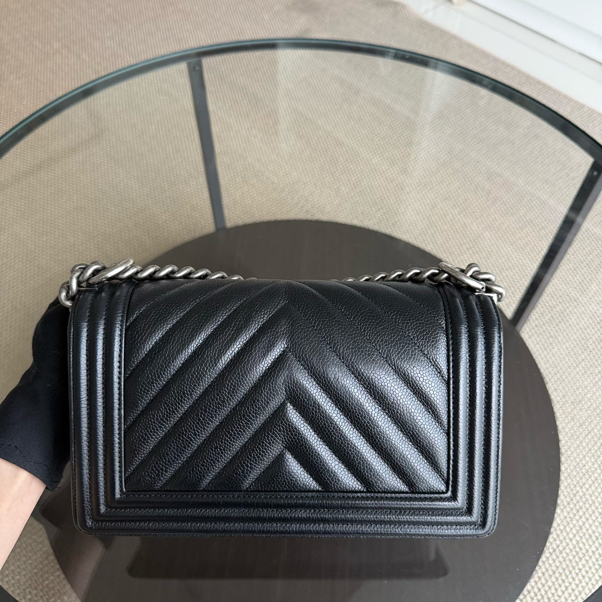 Chanel Boy Medium - Caviar 25CM Grained Calfskin Chevron Black Ruthenium Silver Hardware Series 28