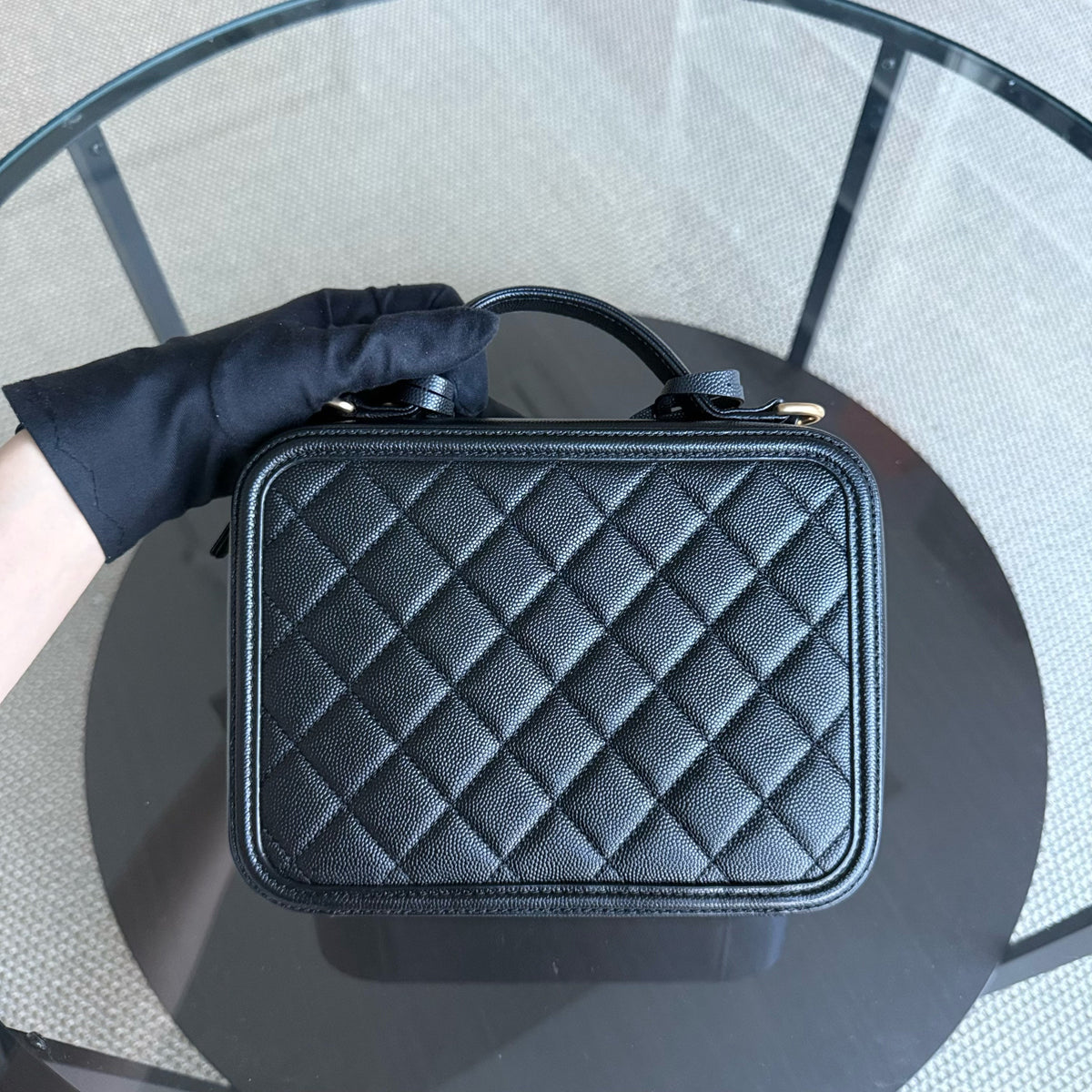 Chanel Filigree Vanity Case Medium - Caviar Quilted Grained Calfskin Black Gold Hardware Series 28