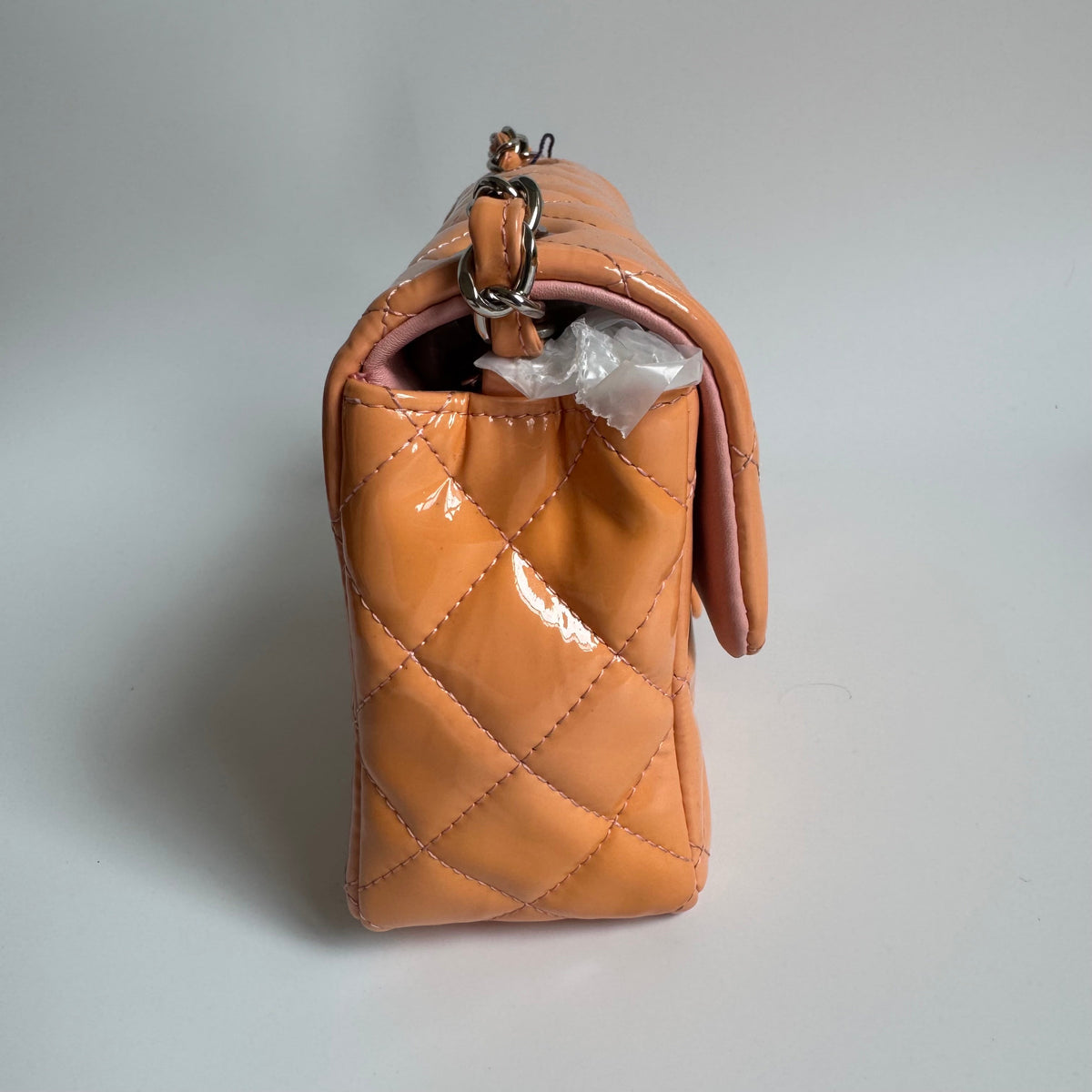 Chanel Classic Flap Rectangular Mini Coral Orange Patent Leather Silver HW