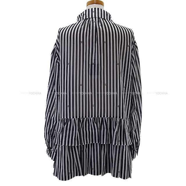 Chanel Long sleeve shirt Ladies Print Cotton Rhinestone Coco mark Stripe Frill Dress Blanc (White)/Noir (Black) Cotton 34 P76212