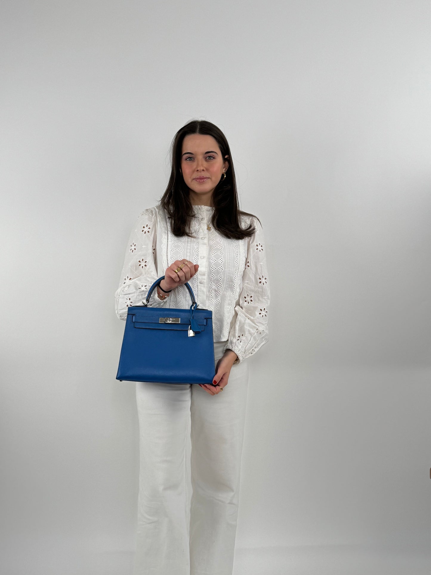 Hermes Kelly 28cm Sellier Bag In Blue Epsom Leather With Gold Hardware