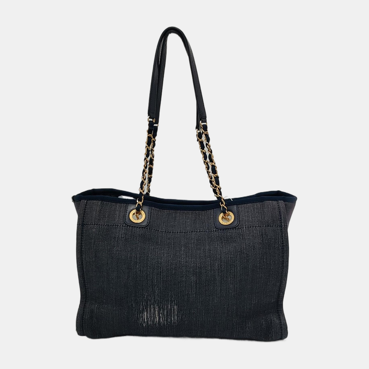 Chanel Deauville Tote Navy Denim Cloth Leather Chain Strap Gold Hardware Medium 30cm