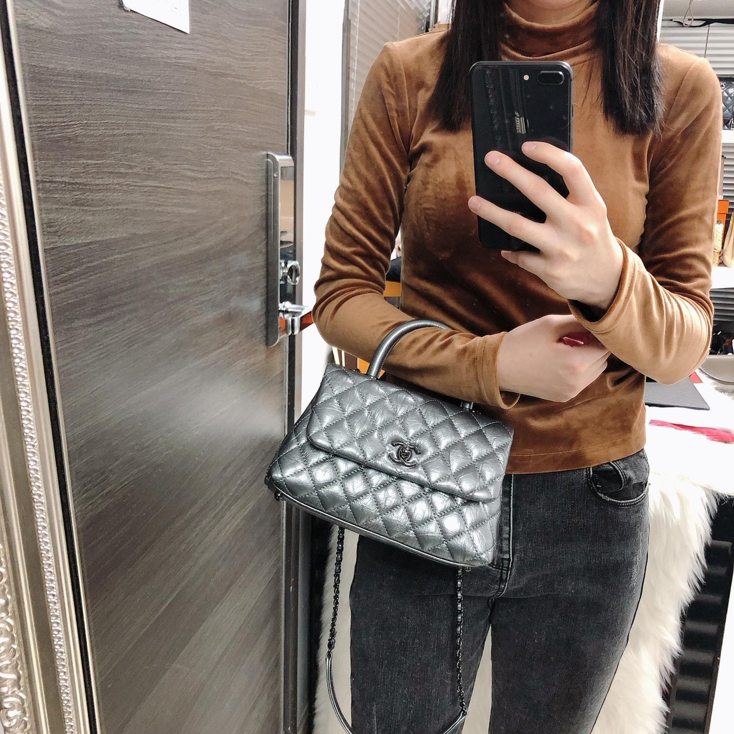 Quilted Mini Coco Handle Flap Silver