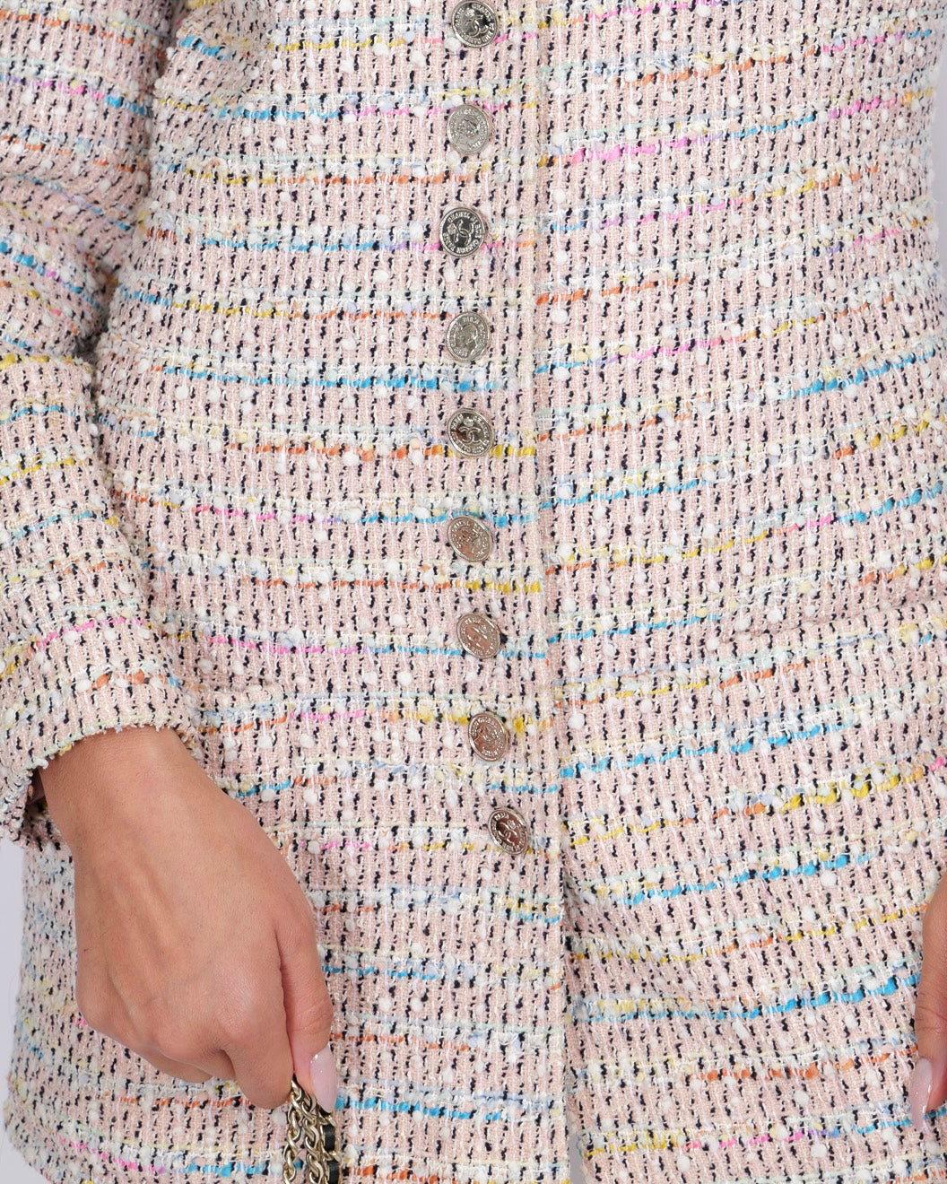 Chanel Vintage 96P Pink and Multi-Colour Tweed Long Jacket with Silver CC Logo Buttons Size FR 44 (UK 16)