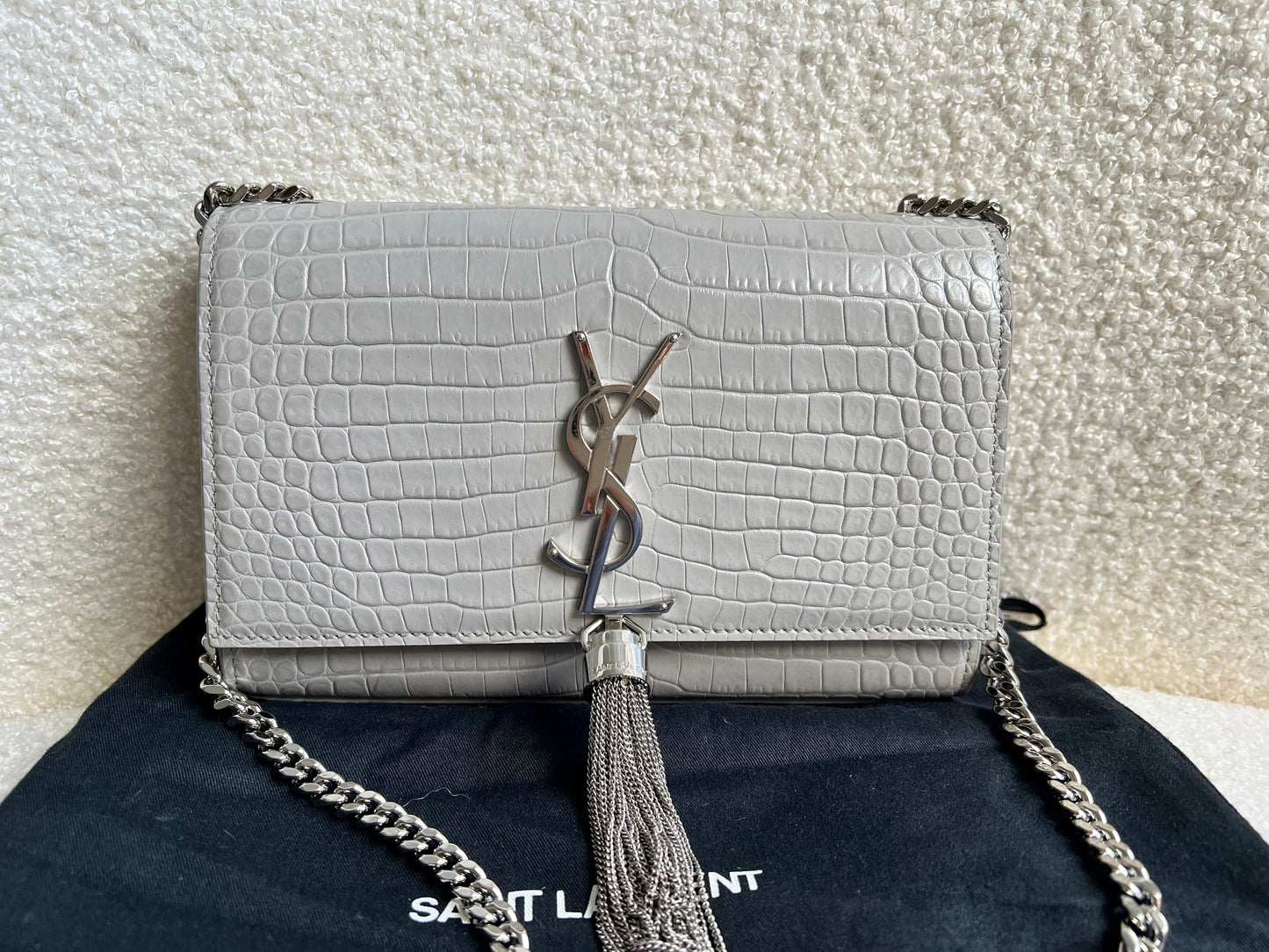 Yves Saint Laurent (YSL) Light Grey Croc Small Kate