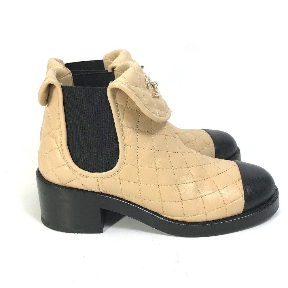 CHANEL boots G45144 lambskin beige 23B Bicolor Shoes Turnlock Matelasse Quilted Side Gore Women 38 Used