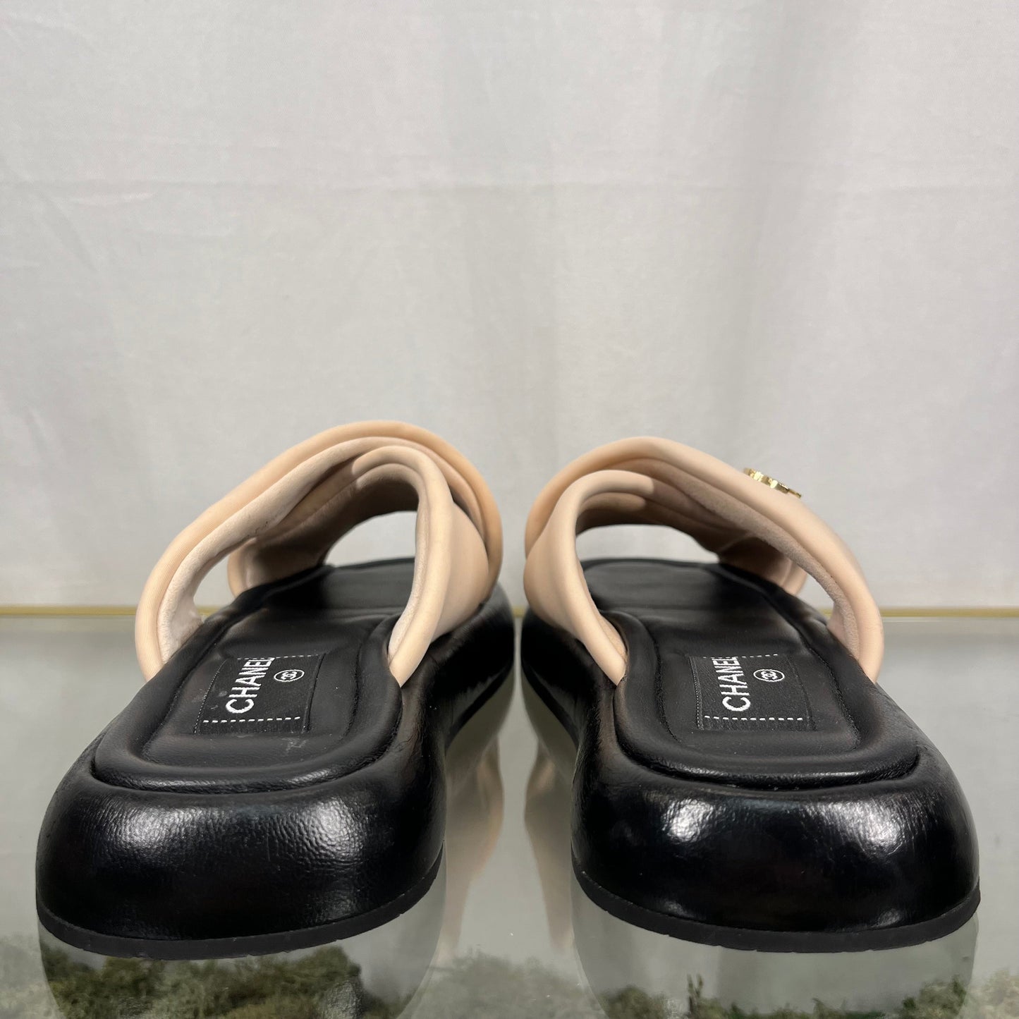 CHANEL CC Fabric Pink Mules Sandals SZ 41 DIA291
