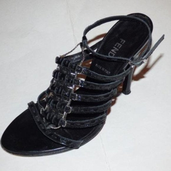 Fendi Black Textured Leather Strappy Pump with Silver Hardware