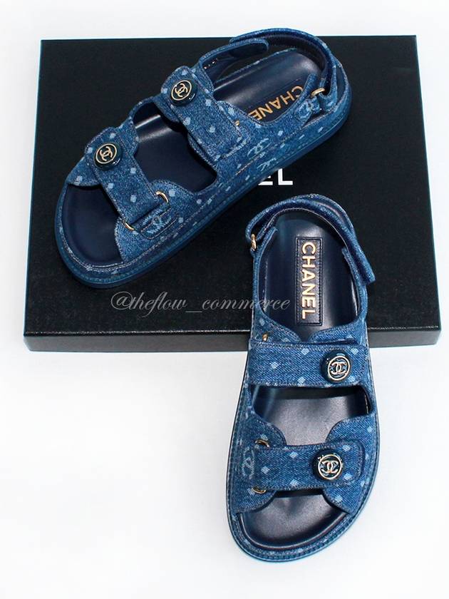 Printed Denim Velcro Sandals Blue Chanel