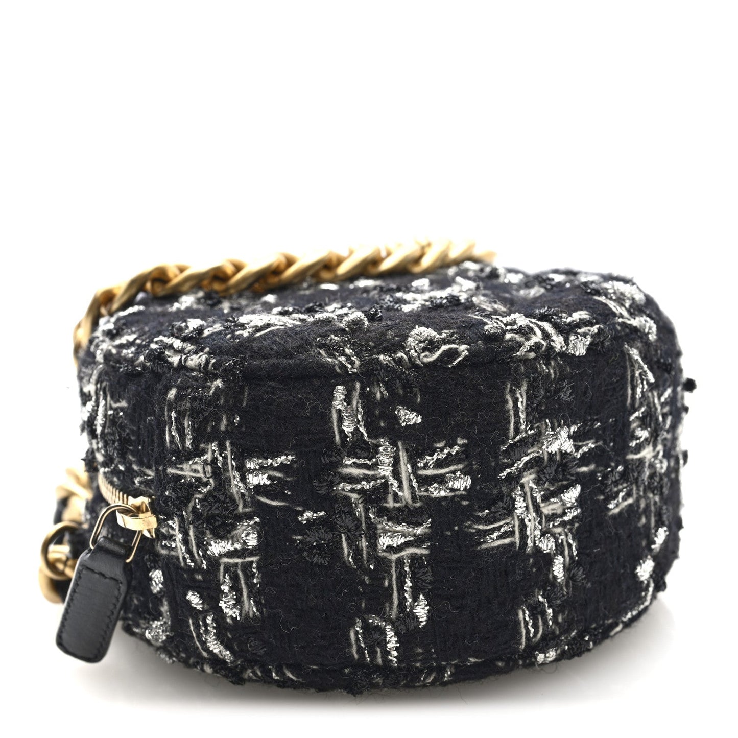 Tweed Quilted 19 Round Clutch With Chain Black White