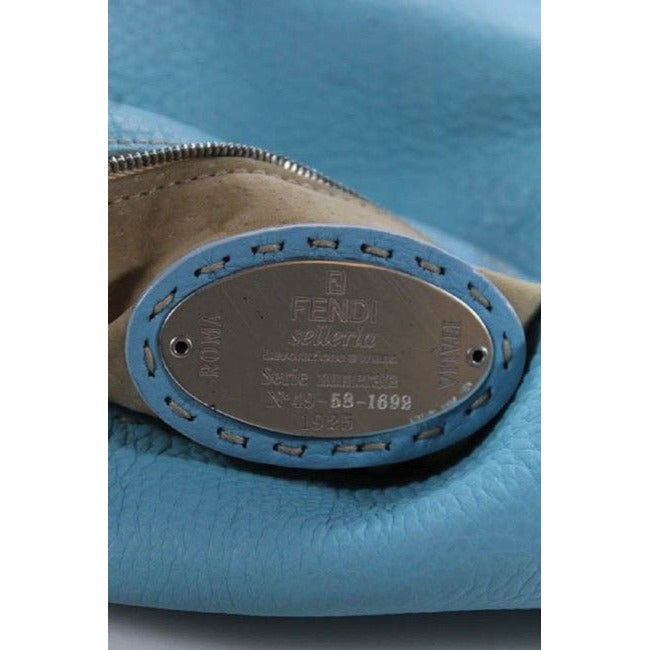 Fendi Light Turquoise Blue Leather Mamma Selleria Purse With Taupe Contrast Stitching & Chrome Hardware