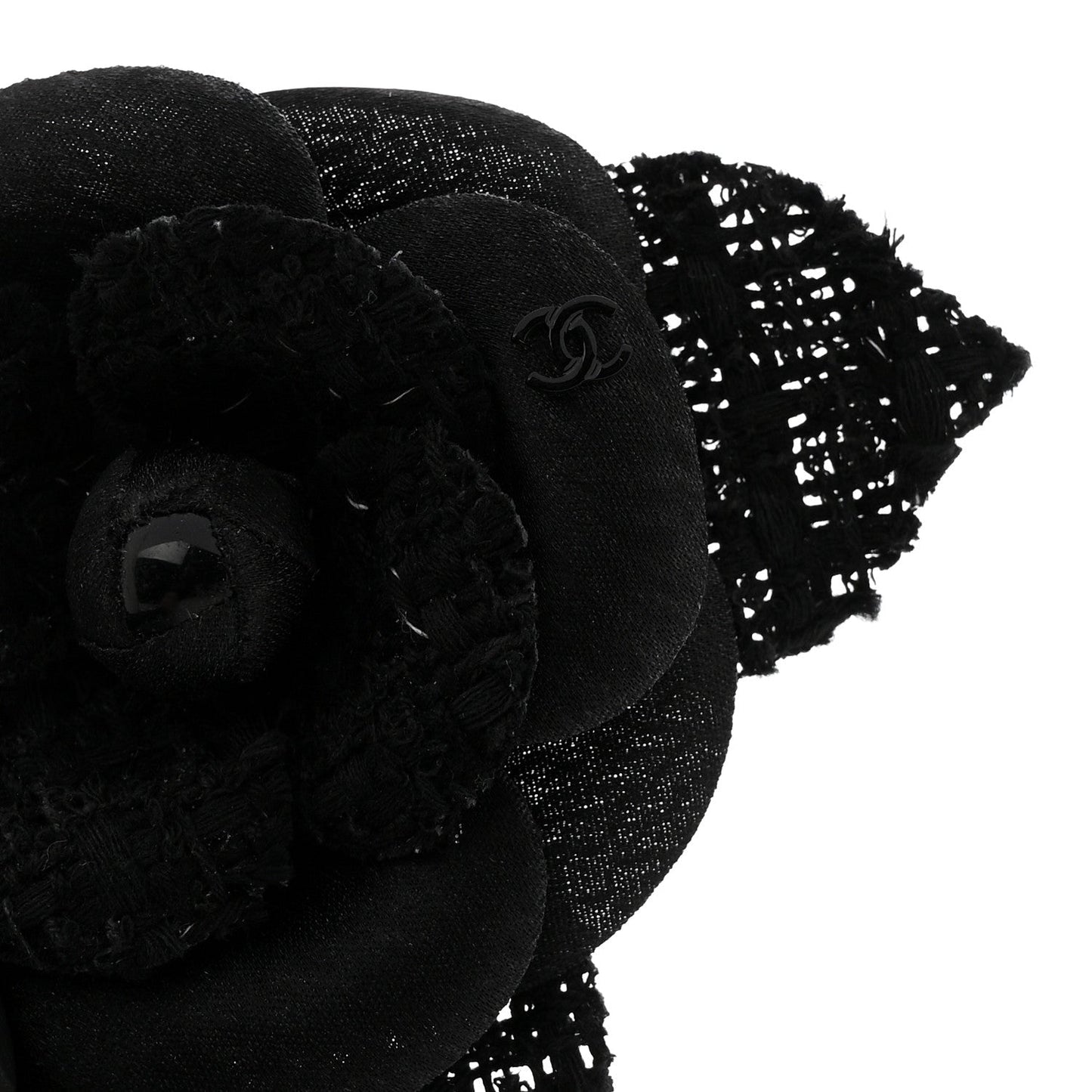 Tweed Fabric Camellia Pin Brooch Black