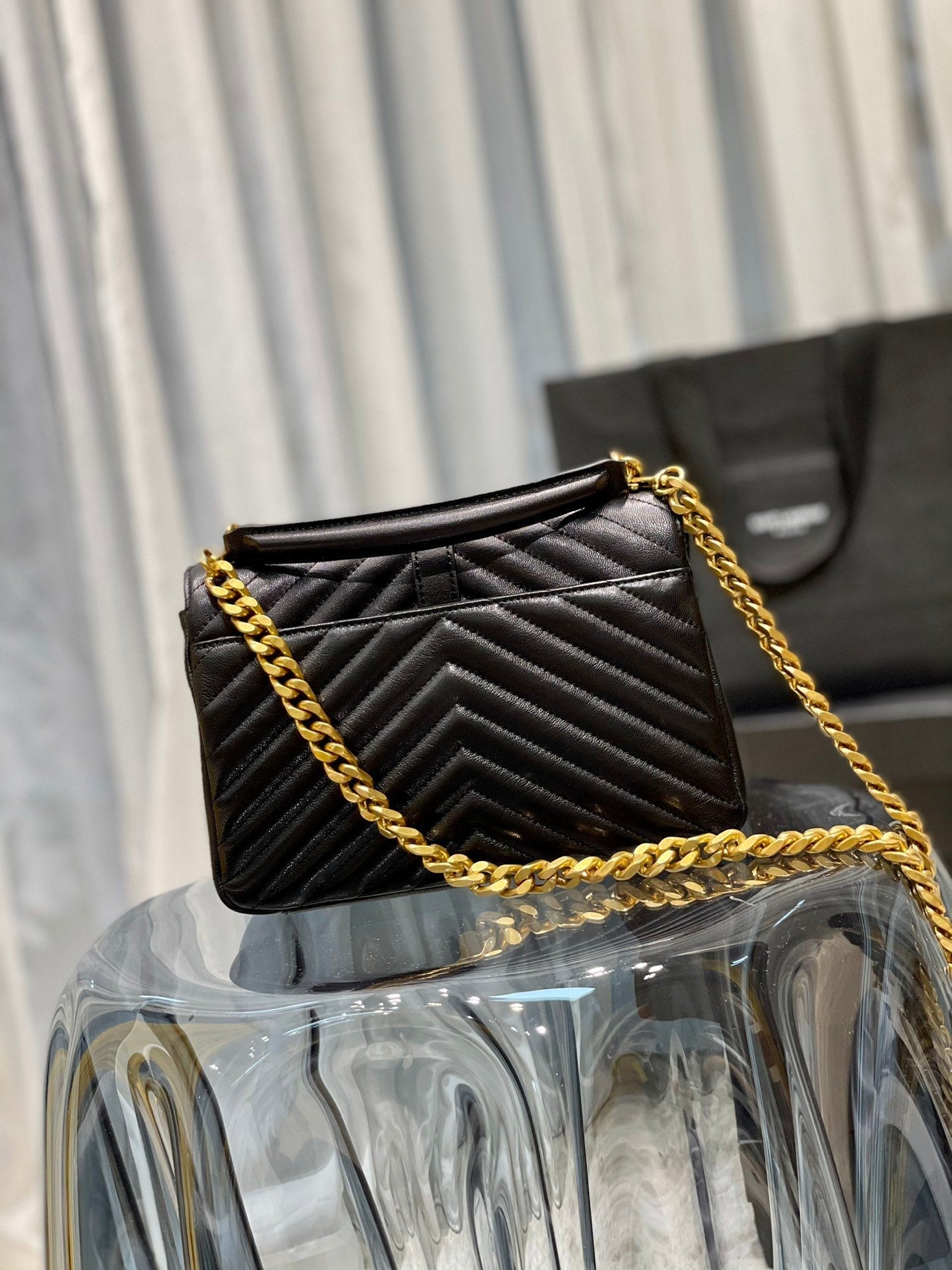 Yves Saint Laurent College Medium Chain Bag Black Gold Toned Hardware 9.4in/24cm