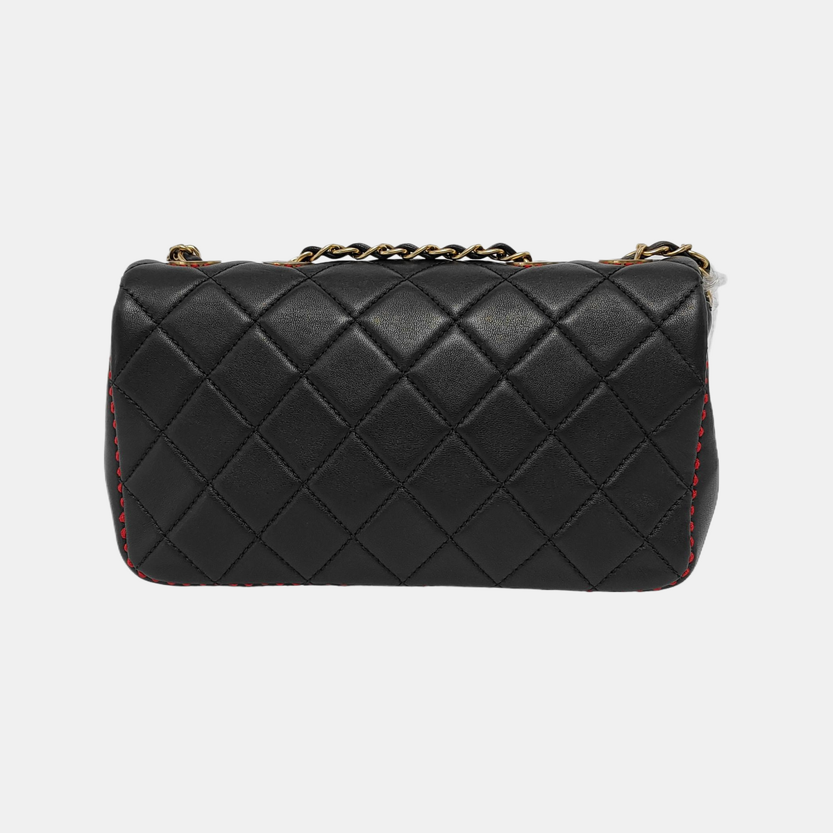 Chanel Black Lambskin Red Stitching Single Flap Double Chain Bag 2017