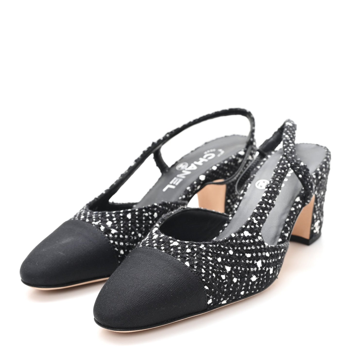 Tweed Polkadot Grosgrain Cap Toe CC Slingback Pumps 36 Black White Silver