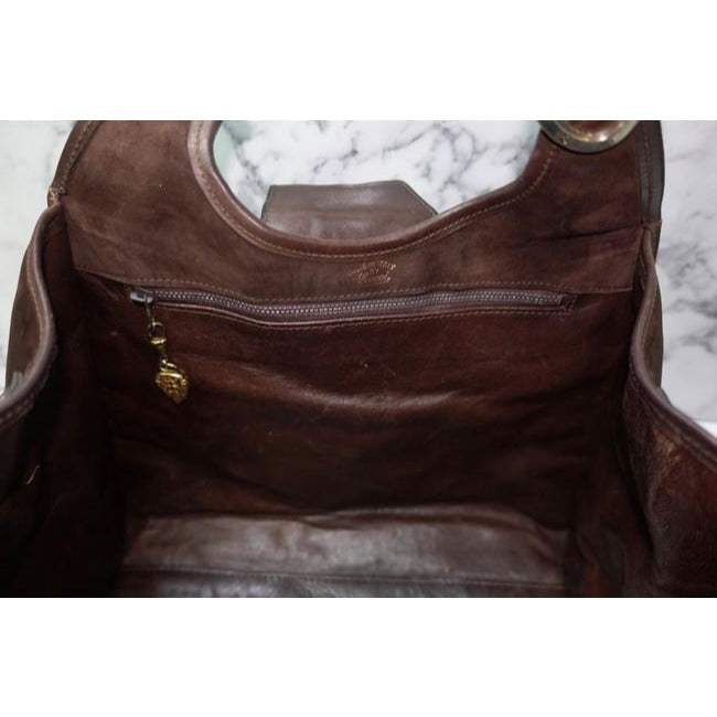 unique, Gucci, brown suede and leather, vintage '1973' top handle shoulder bag with a bold gold GG accent