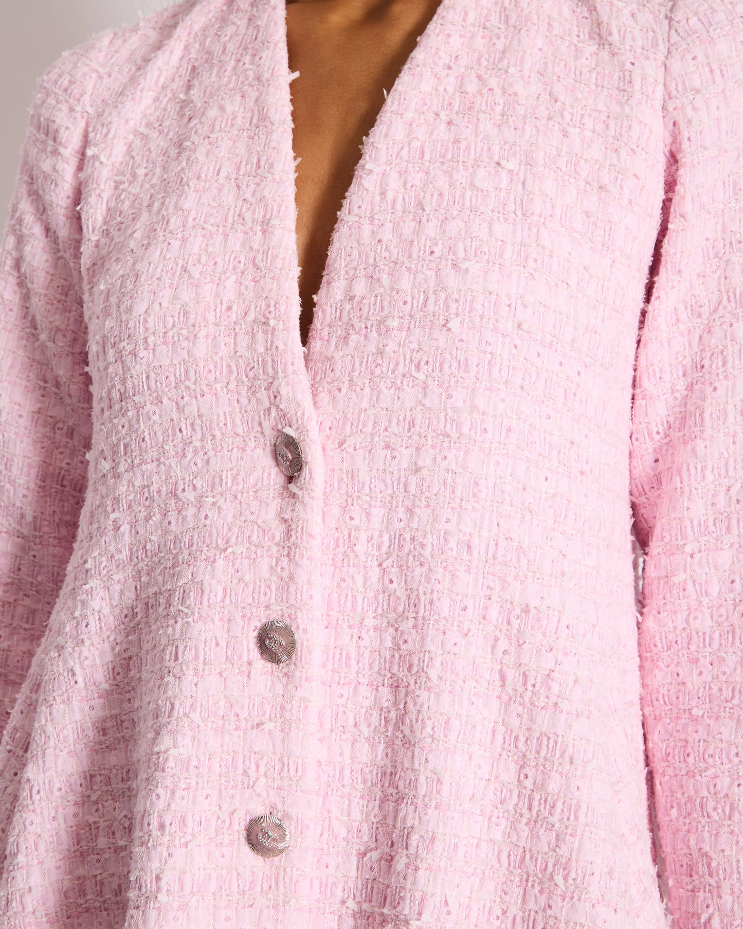 Chanel 24/S Pink Tweed Long Sleeve A-Line Asymmetric Mini Dress with Silver and Pink Logo Button Details Detail FR 34 (UK 6)
