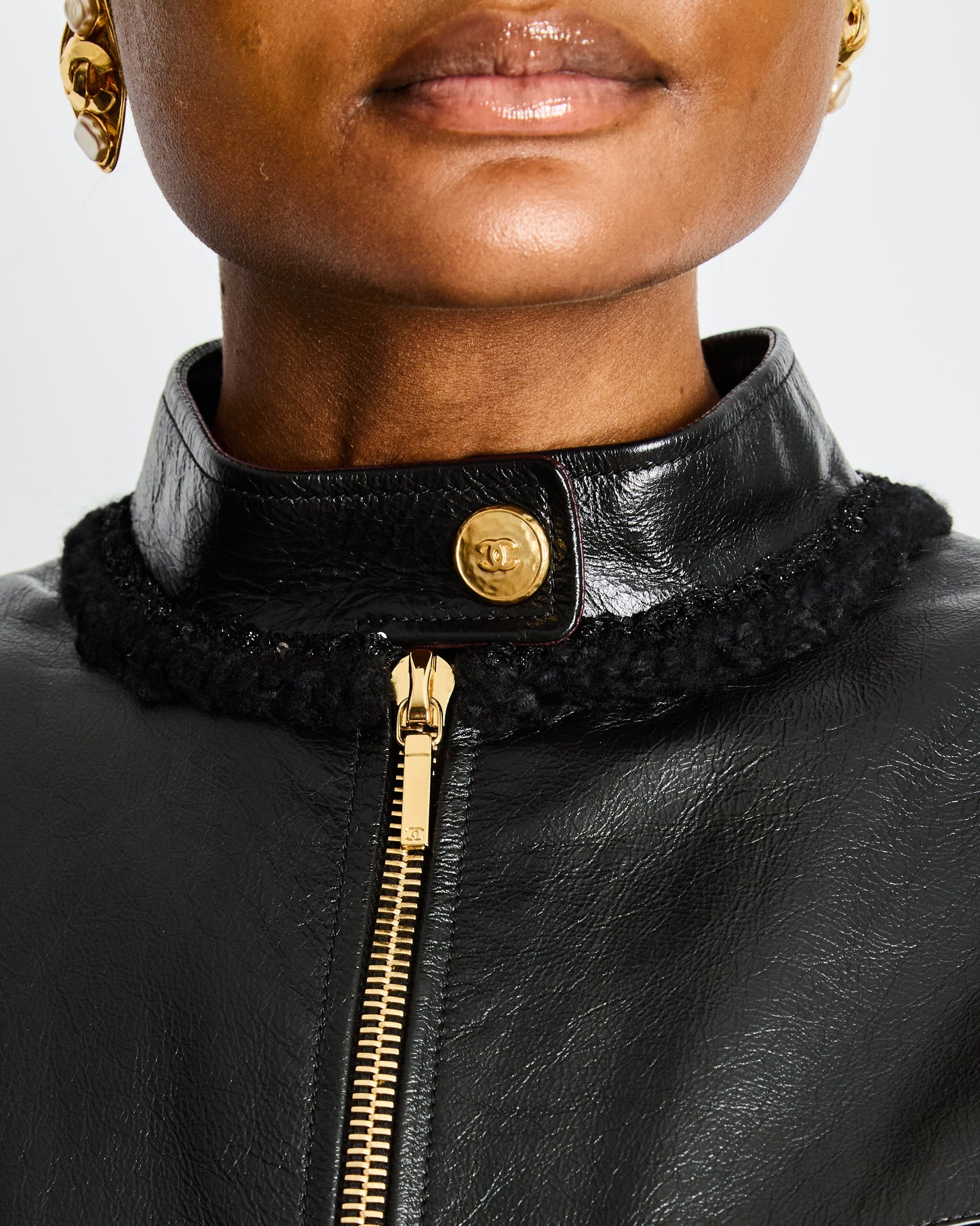 Chanel Pre-Fall 2022 Black Leather Jumpsuit with Gold CC Button and Tweed and Chain Trim Detail Size FR 38 (UK 10)
