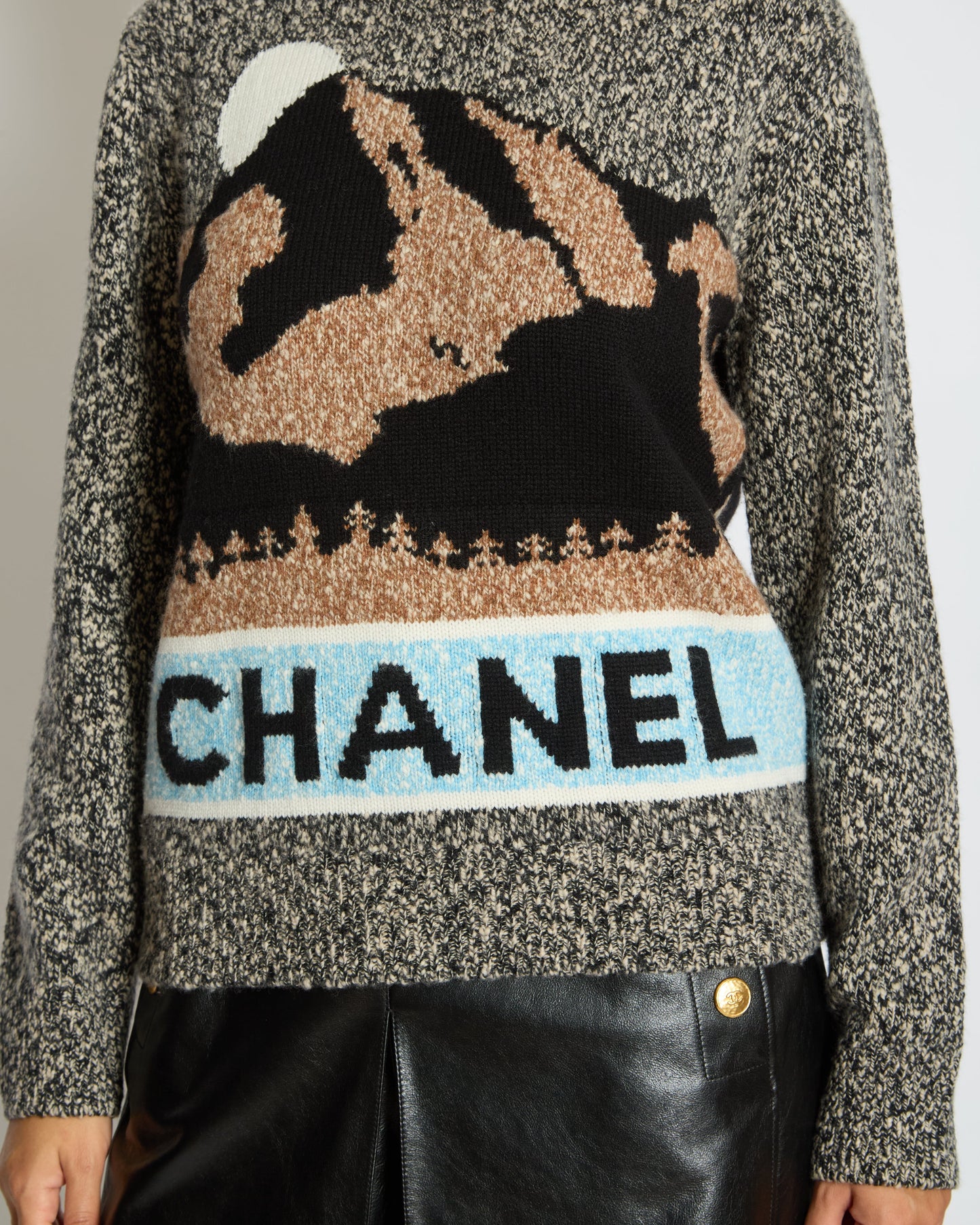Chanel 24N Grey, Brown and Blue Mountain Cashmere and Wool Jumper with Logo Detail Size FR 36 (UK 8)