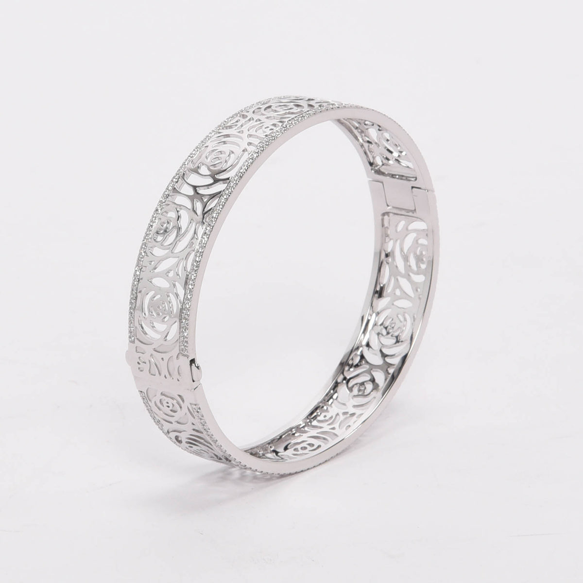 Chanel 18k White Gold & Diamond Camellia Ajoure Bangle