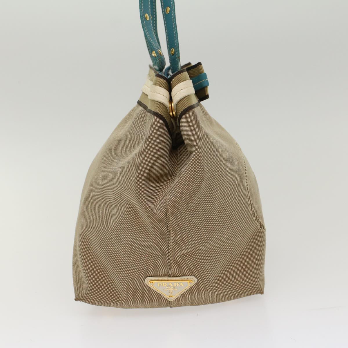 Prada Tote Bag Canvas Leather Beige Light Blue 49046