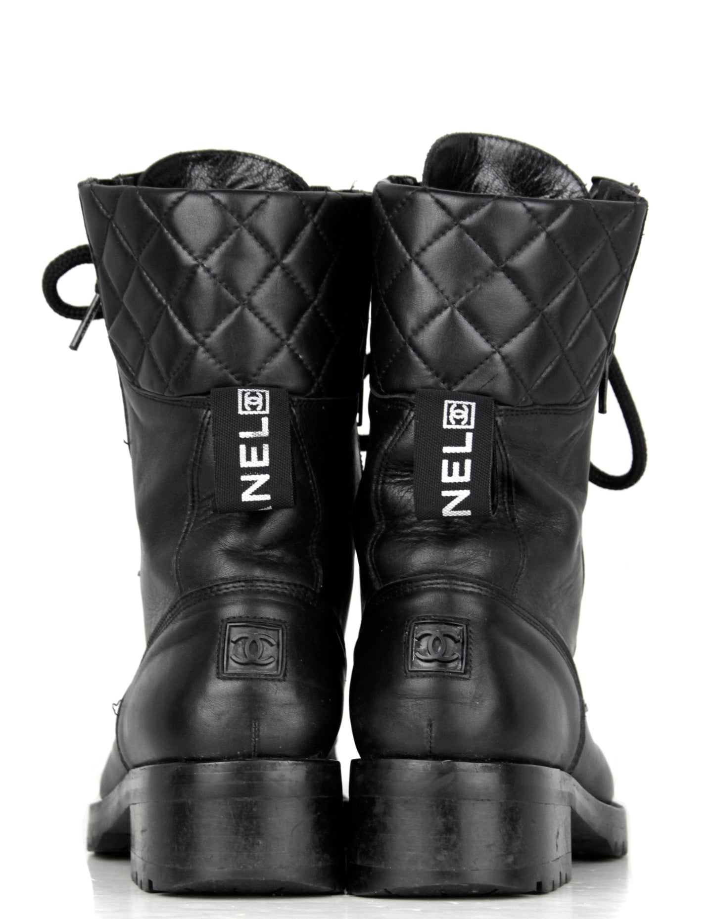 Chanel Vintage Black Leather CC Combat Boots sz 36