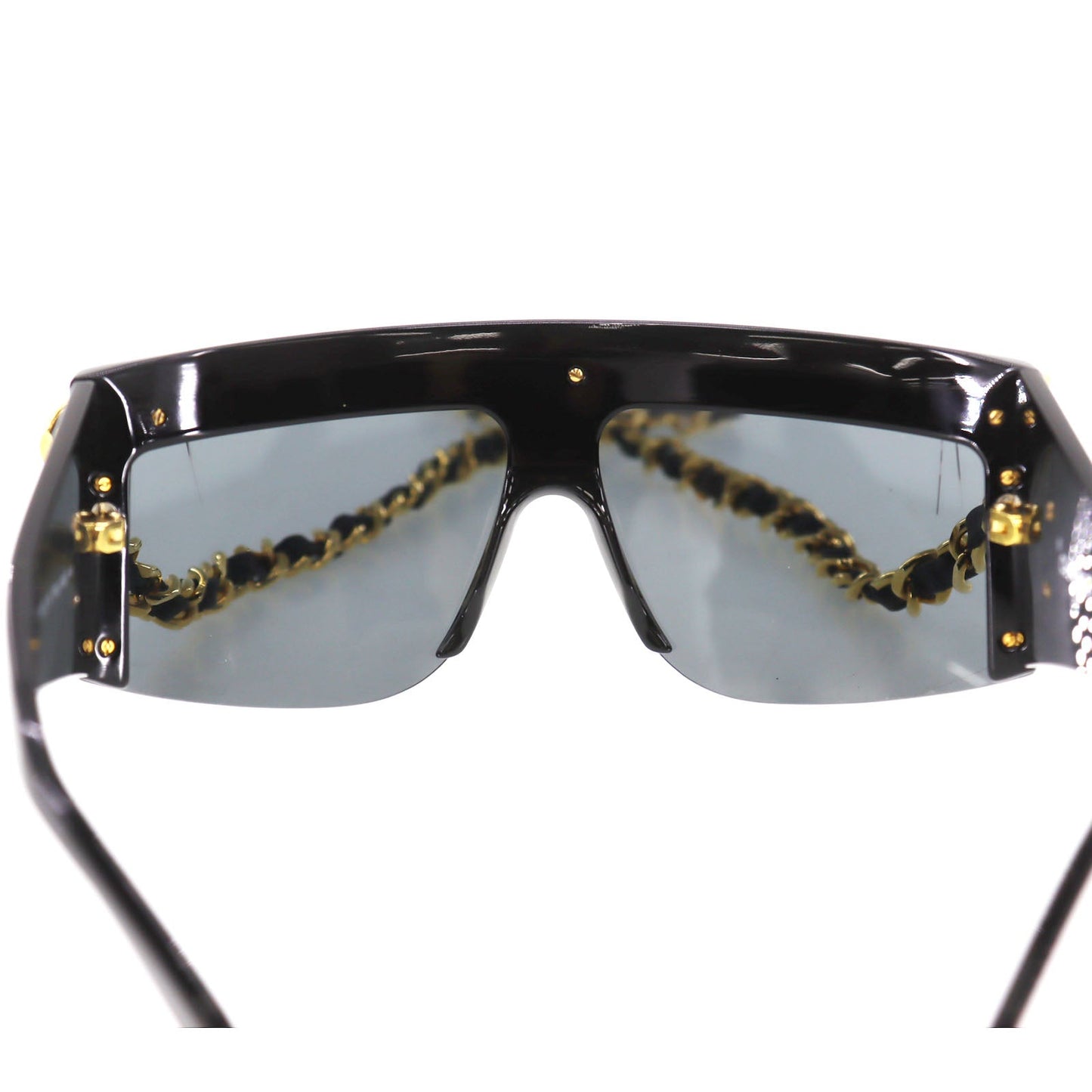 CHANEL Chain Sunglasses Black Shield Eye Wear Italy #CW623
