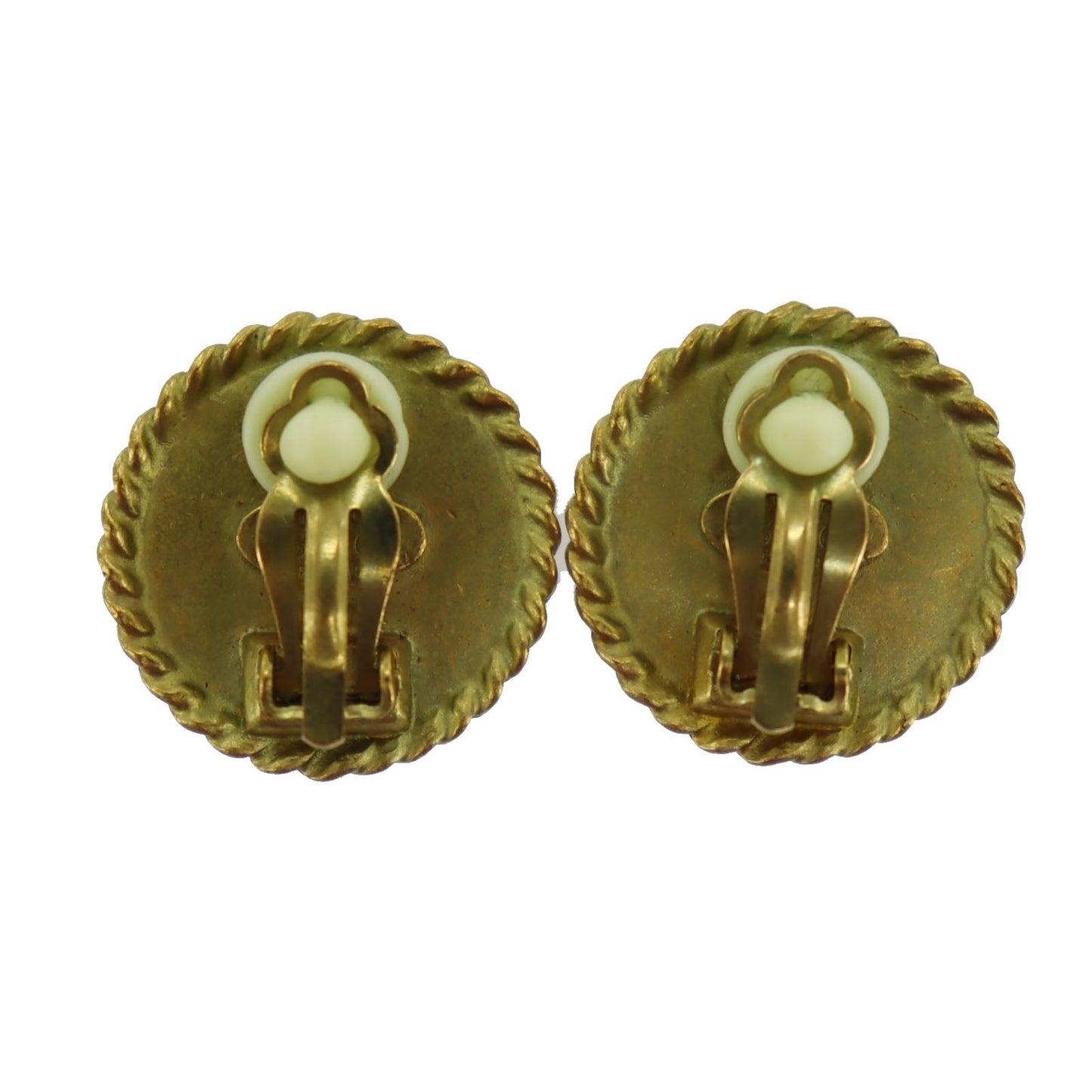 CHANEL CC Logos Circle Earrings Gold Black Clip-On 95C #AH683