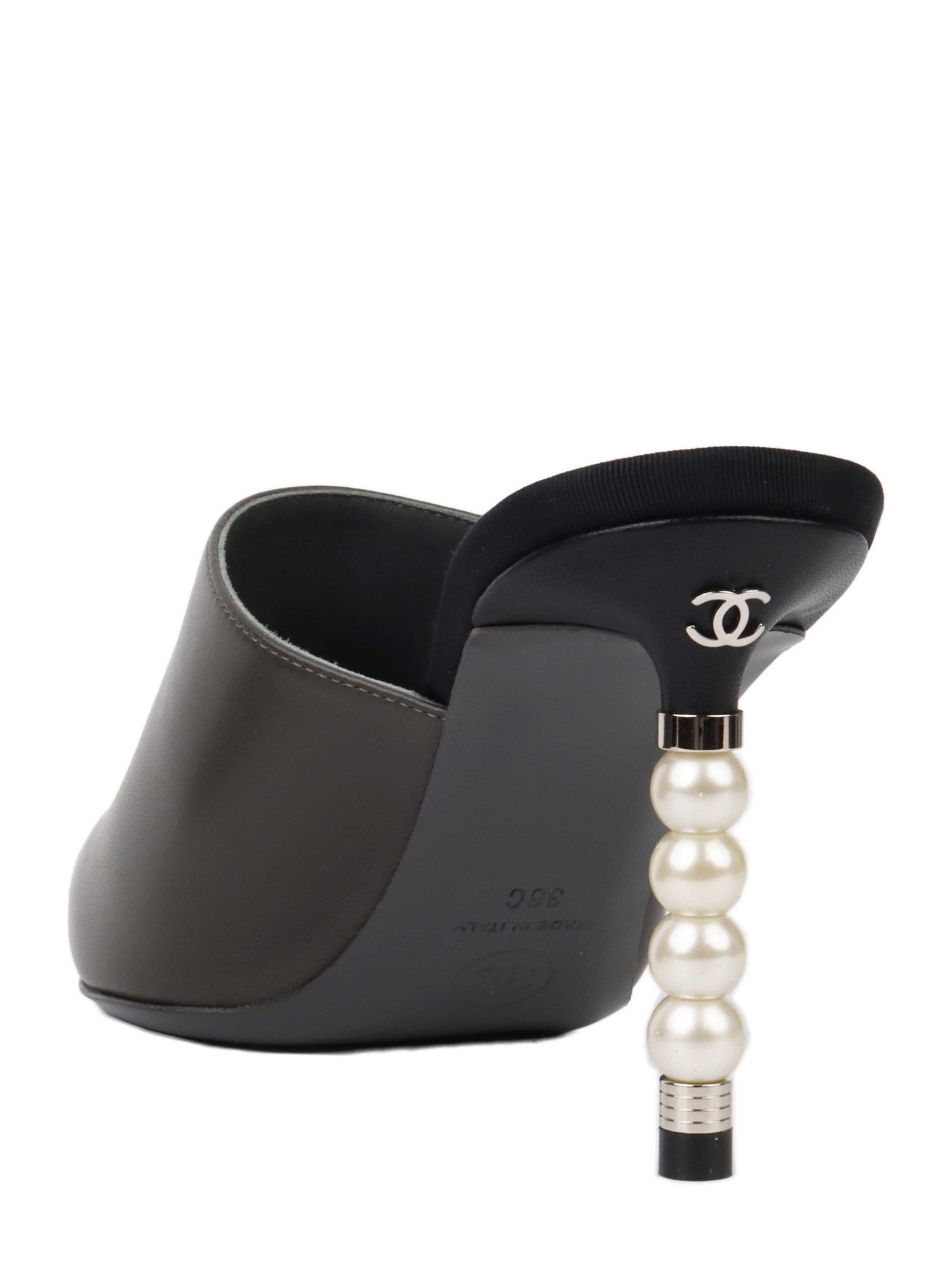Chanel Black and Grey Mules with Pearl Heels Size 36.