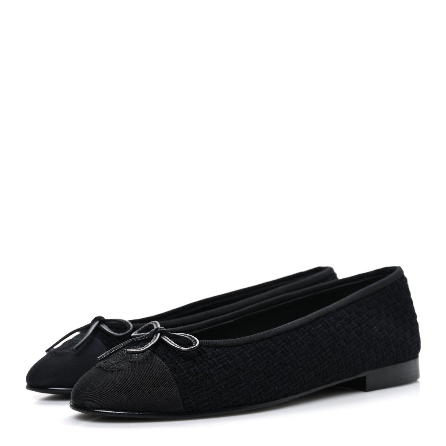 Wool Tweed Grosgrain Cap Toe CC Ballerina Flats 37.5 Black