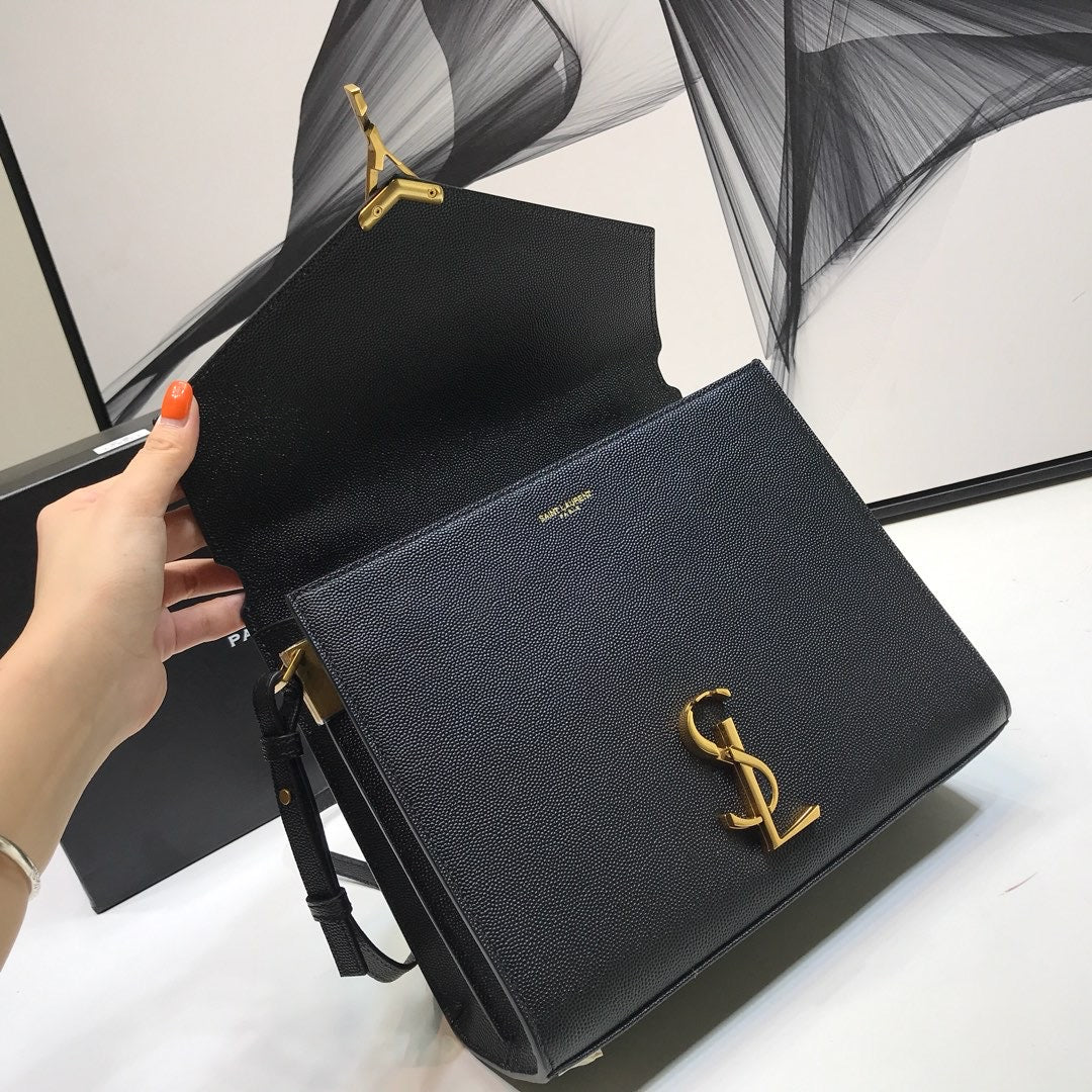 Yves Saint Laurent Cassandra Medium Top Handle Bag In Grain Black 9.6in/24.5cm