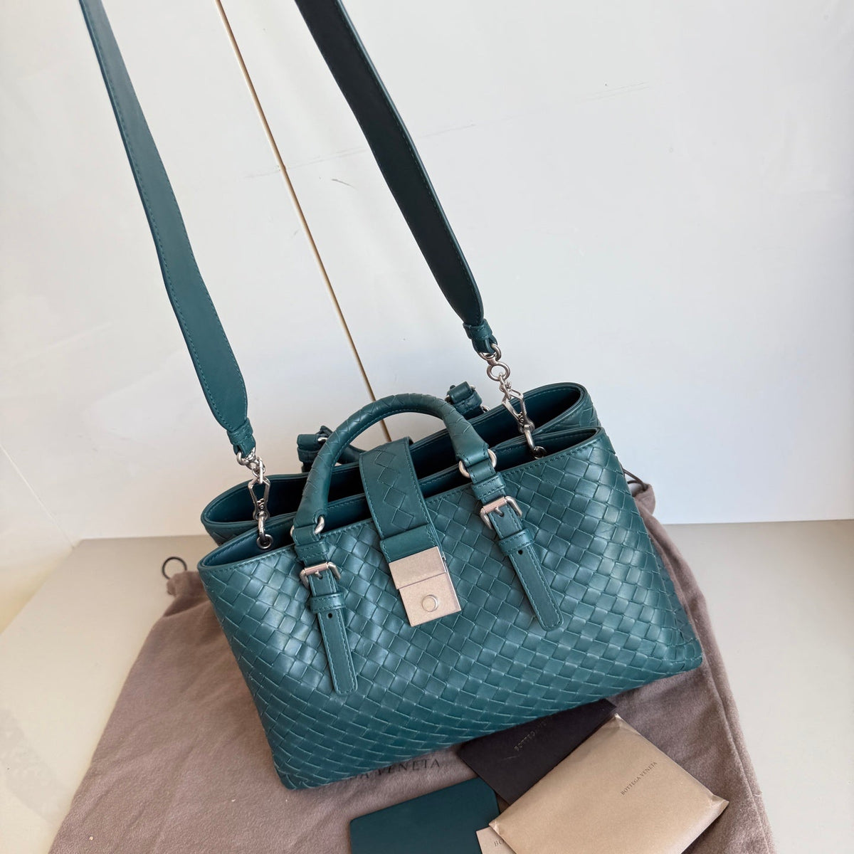 Bottega Veneta Roma Intrecciato Nappa Leather Peacock Green With Strap Small 30cm