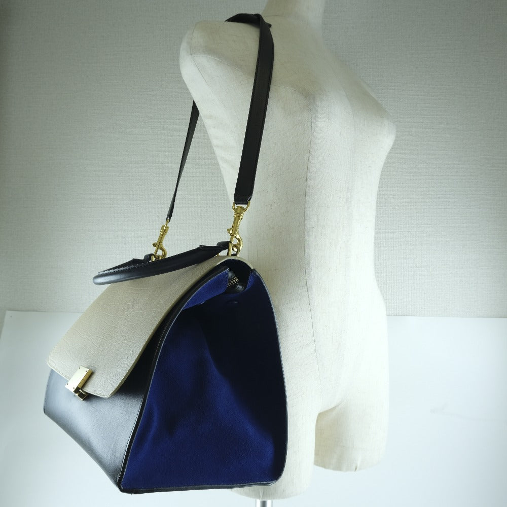 CELINE Handbag Calfskin, suede Black / blue / beige 2WAYShoulder Trapeze Women Used