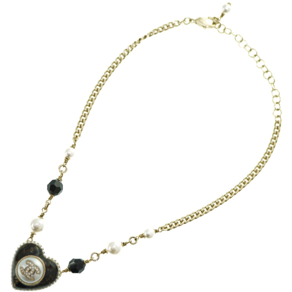 CHANEL Necklace B22 B Faux pearl, metal gold COCO Mark Faux Pearl Heart Necklace