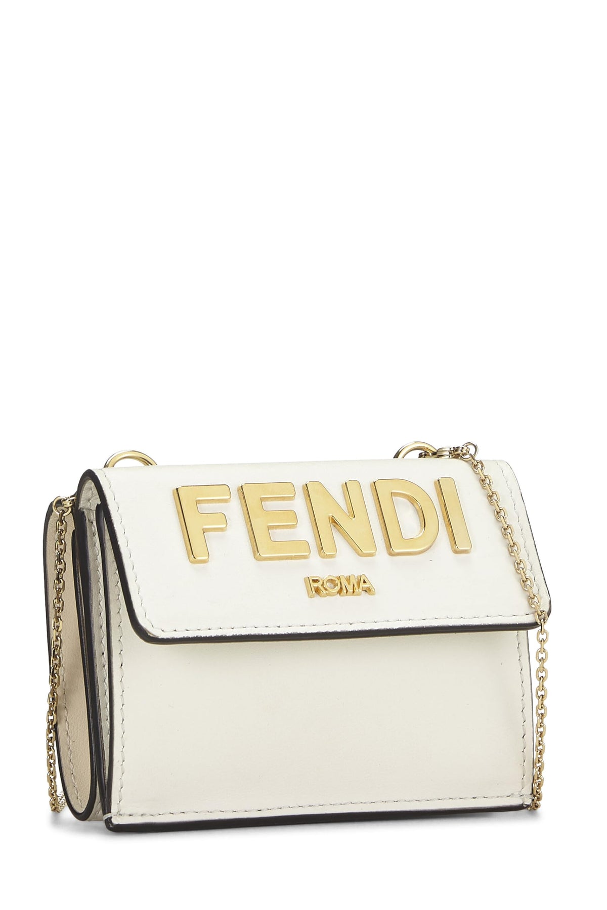 Fendi, White Leather Roma Compact Chain Wallet, White