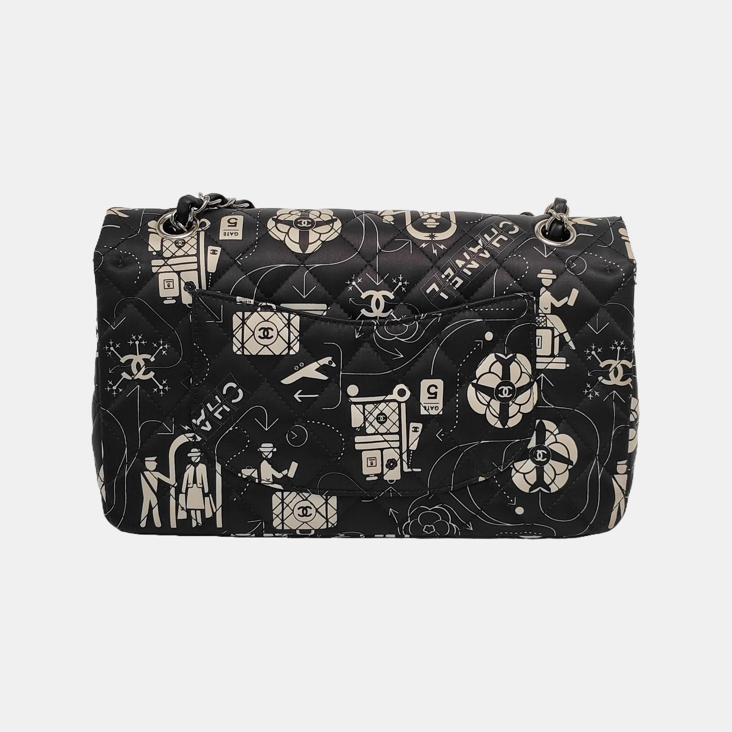 Chanel Satin Airline Printed Medium Double Flap Bag Black and White